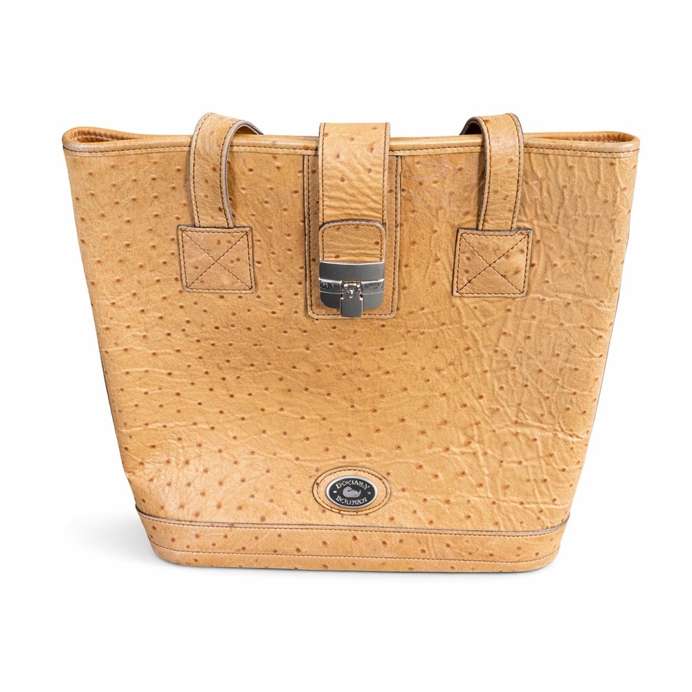 Dooney & Bourke Ostrich Embossed Leather Tote Bag Tan Caramel Lock Front Satchel